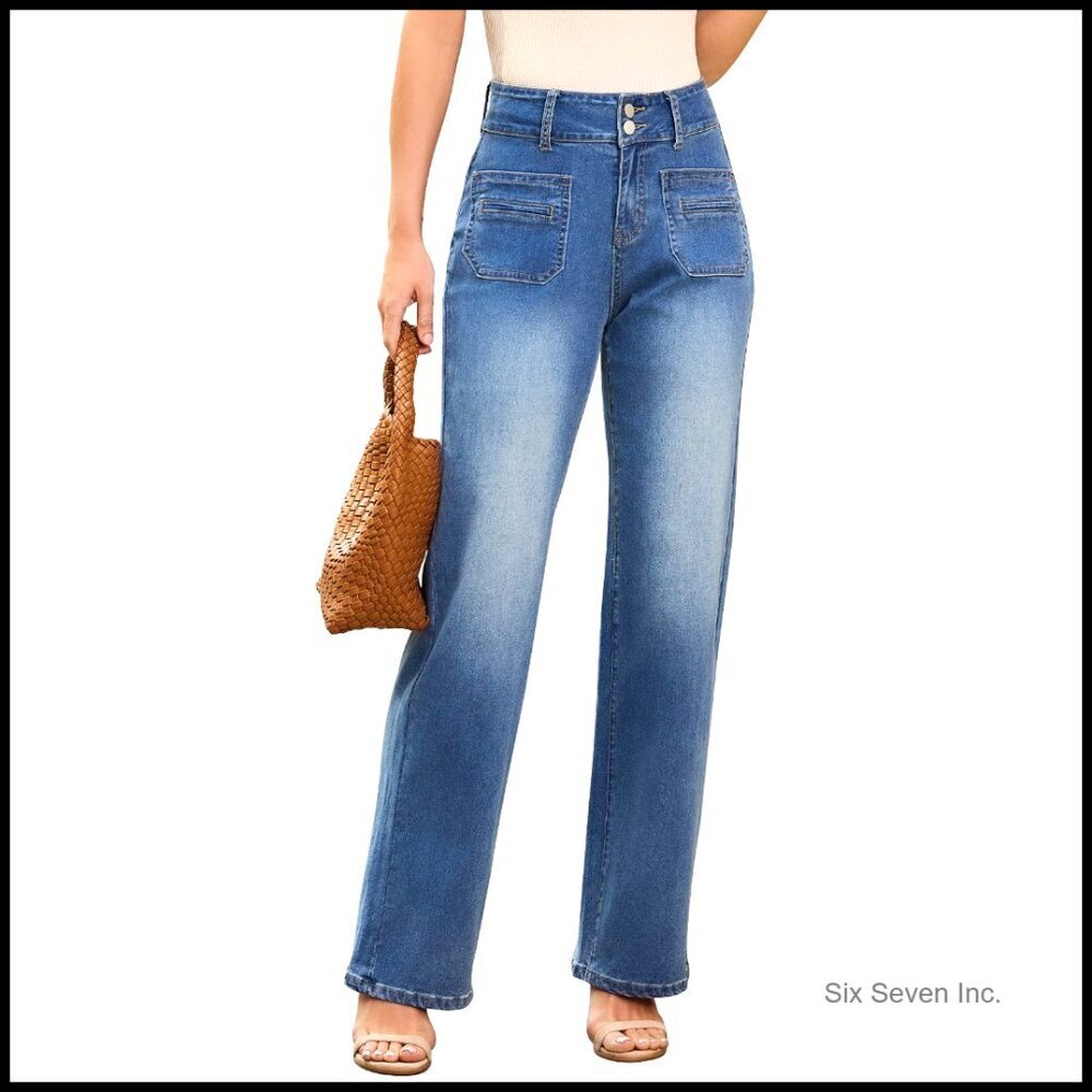 High Waisted Straight Leg Jeans Tummy Control Wide Leg Patch Pockets Stretchy